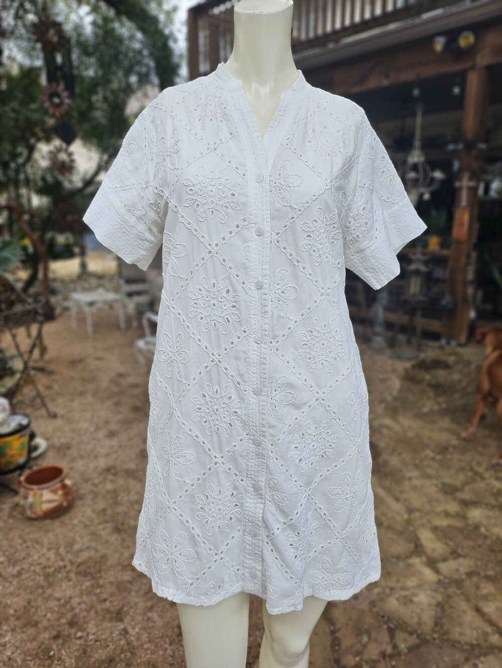 Avara White Cotton Eyelet Lace Collared Shirt Dress Side Pockets Size S
